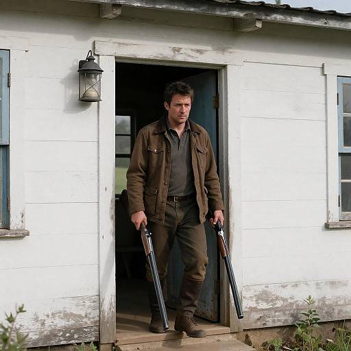 Man Exiting Rustic Building with Shotguns