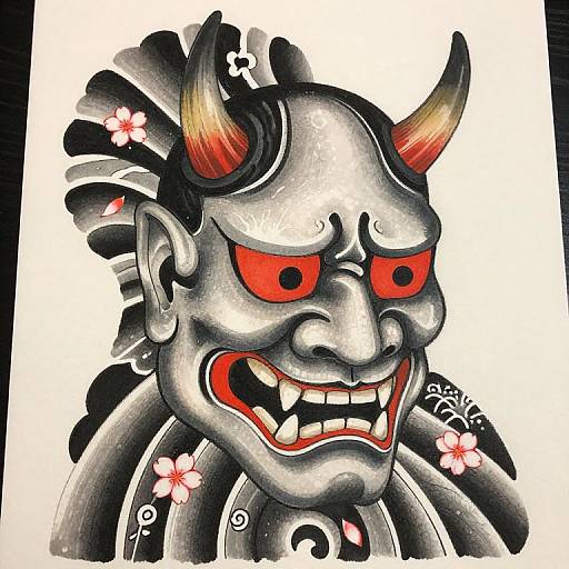 Digital drawing of a fierce oni with black and gray skin, red eyes, sharp teeth, and red horns, adorned with cherry blossoms. Bold
