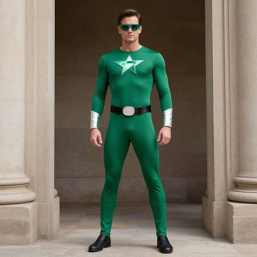 Photograph of a muscular man in a green superhero suit with a white star, black belt, and sunglasses, standing between stone columns.