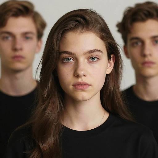 Photograph of a young woman with long brown hair and blue eyes, centered in front of two blurred, fair-skinned men in black shirts.