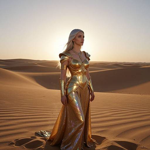 Photograph of a blonde woman in a shimmering gold gown and arm cuffs, standing in a sunlit, desert sand dune landscape.