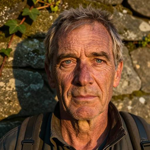 Photograph of an elderly man with gray hair, wrinkled face, and blue eyes, wearing a black jacket, standing against a stone wall with green