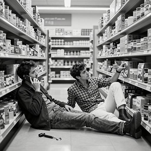 Two men sitting on grocery store floor