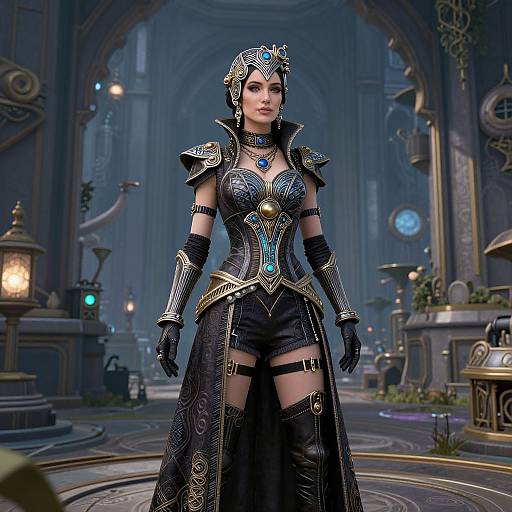 Digital fantasy artwork of a fierce, armored woman in elaborate, dark blue and gold medieval fantasy attire, standing in a glowing, ornate, sci-fi