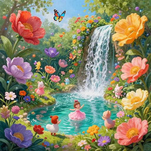 Vibrant digital illustration of a girl in a pink dress swimming in a turquoise pond surrounded by colorful flowers and a small waterfall, with butterflies fluttering