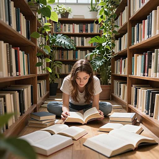 Photograph of a young woman with long brown hair, sitting cross-legged between wooden bookshelves, reading an open book amidst scattered books and lush green