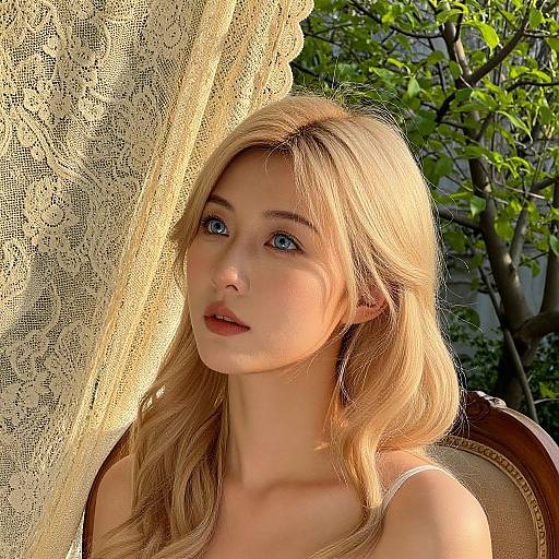 Photograph of a blonde woman with blue eyes, fair skin, and delicate features, sitting by a lace curtain, sunlight filtering through green leaves in the