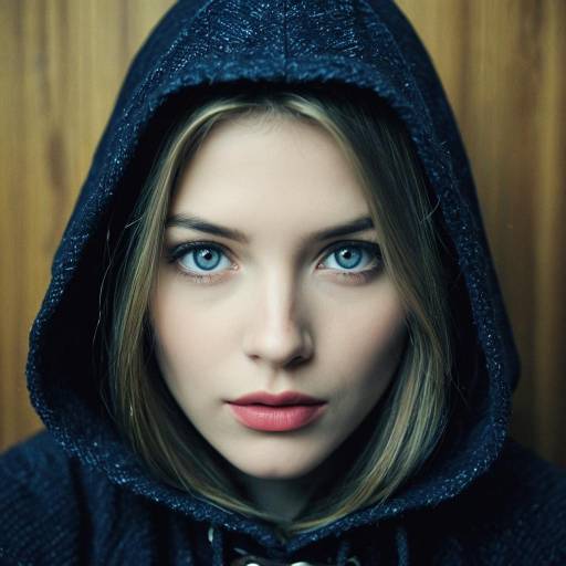 Young Woman in Dark Hoodie with Blue Eyes
