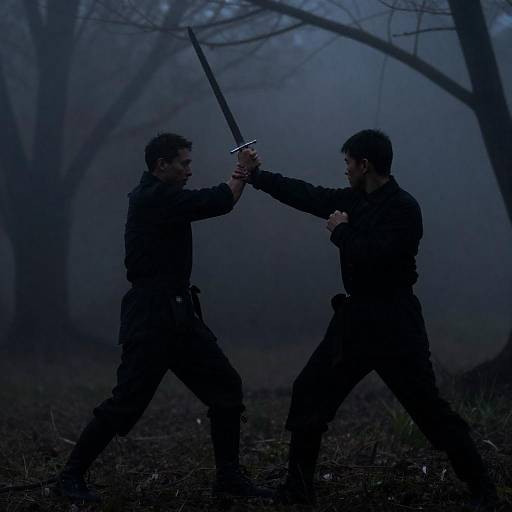 Dramatic Fight in a Foggy Forest