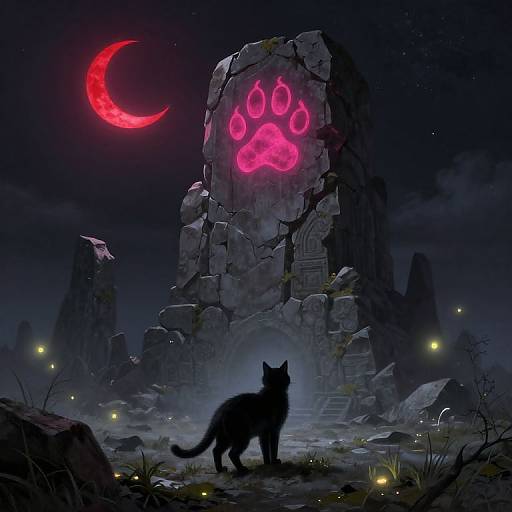 Digital painting of a black cat silhouetted against a glowing pink paw mark on a ruined stone tower under a red crescent moon. Misty