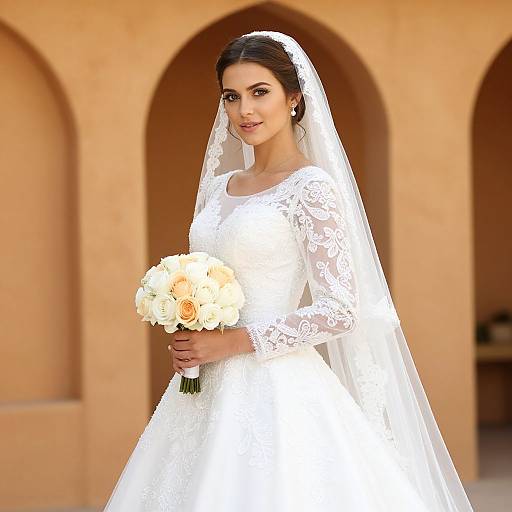 Photograph of a beautiful South Asian bride with dark hair, wearing a white lace wedding dress and veil, holding a bouquet of white and peach roses,
