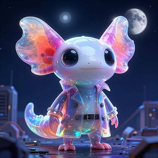 Glowing, neon-colored, cartoonish alien creature with large eyes and translucent ears, wearing a translucent, glowing coat, stands under a moonlit