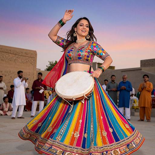 Colorful traditional Indian dancer in vibrant, patterned attire, mid-dance, holding a drum, against a sunset sky with an audience. Photograph.