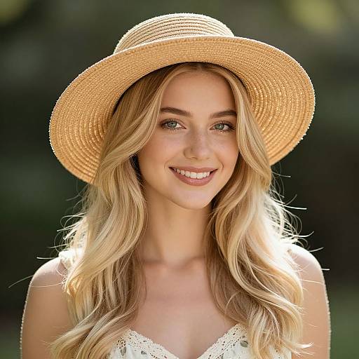 Photograph of a smiling blonde woman with wavy hair, wearing a straw hat and white lace top, against a sunlit, blurred green background.