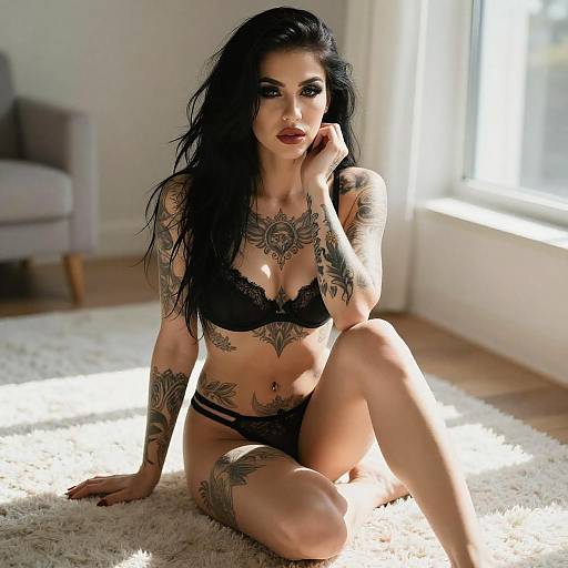 Tattooed Woman in Sunlit Room