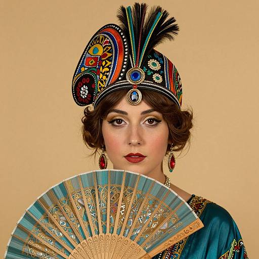 Vintage-style photograph of a woman with dark curly hair, wearing a colorful feathered headpiece, red lipstick, blue dress, and gold fan, against