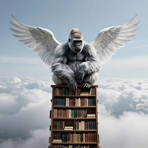 Digital art of a muscular, white-furred gorilla with large wings, sitting on a tall, wooden bookshelf, surrounded by clouds.
