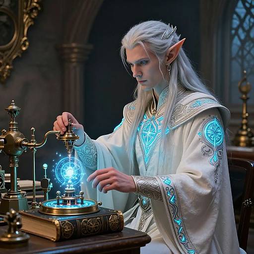 Digital art of an elf with long white hair, wearing ornate white robes with blue runes, focusing on a glowing blue magical lamp in a dark,