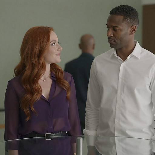 Photograph of a red-haired white woman in a dark purple blouse and a Black man in a white shirt, standing side by side, looking at each