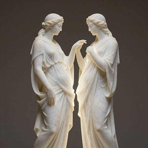 Photograph of a white marble statue depicting two classical female figures, dressed in flowing robes, facing each other with raised hands, illuminated against a dark background
