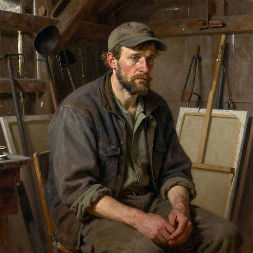 Realistic oil painting of a bearded man in a cap and worn denim jacket, sitting in a cluttered workshop with tools and paintings in the background