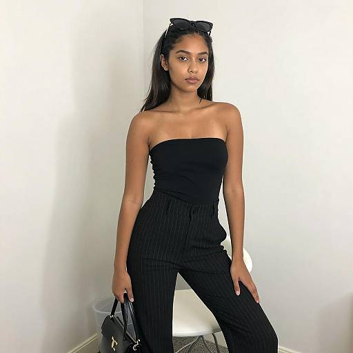 Young Woman in Black Strapless Top and Pinstripe Pants