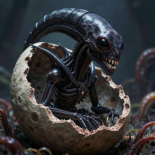 Photorealistic digital artwork of a shiny, black, alien creature with sharp teeth emerging from a cracked, egg-like shell in a dark, sci-fi
