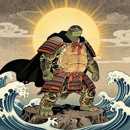 Heroic Samurai Turtle Ukiyo-e Illustration