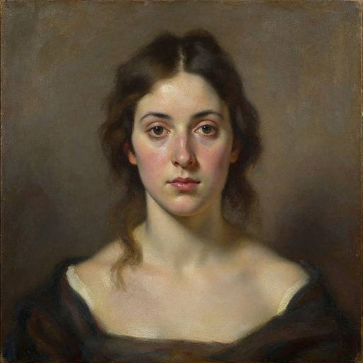 Realistic oil painting of a young woman with fair skin, brown eyes, and dark brown hair, wearing a black off-shoulder dress, against