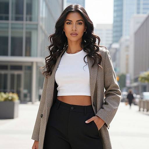 Photograph of a confident woman with long, wavy black hair, wearing a white crop top, checkered blazer, and black high-wa