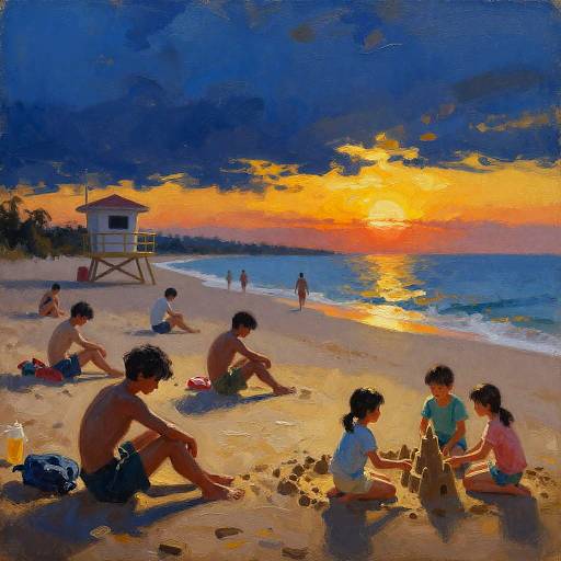 Serene Beach at Sunset in Hokusai Style