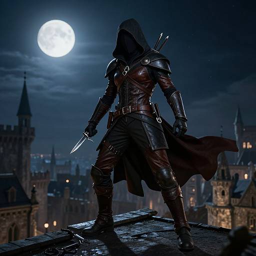 Digital artwork of a hooded, armored assassin with a knife, standing on a castle rooftop under a bright full moon, against a dark, gothic