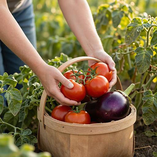 Photograph: Hands holding wooden basket filled with red tomatoes and purple eggplants, harvesting from lush green garden plants.