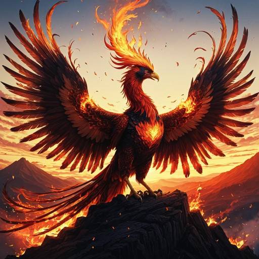 Fiery Ancient Phoenix at Sunset