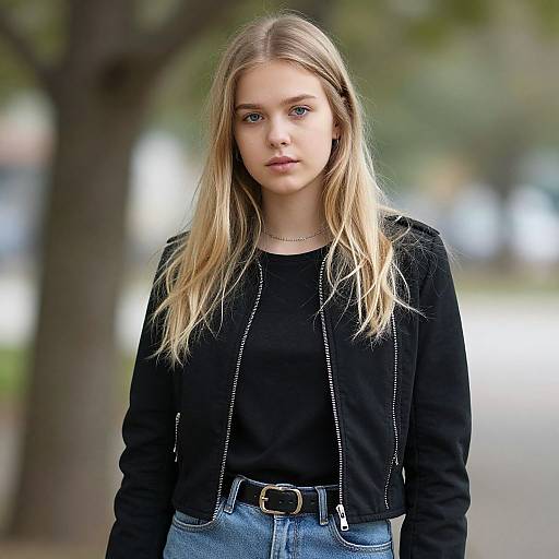 Photograph of a young blonde woman with blue eyes, wearing a black long-sleeve top, blue jeans, and a black jacket with white stitching