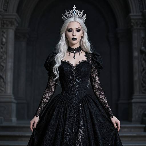 Digital artwork of a pale-skinned, silver-haired queen with black lace dress, dark lipstick, silver crown, and gothic arch backdrop.