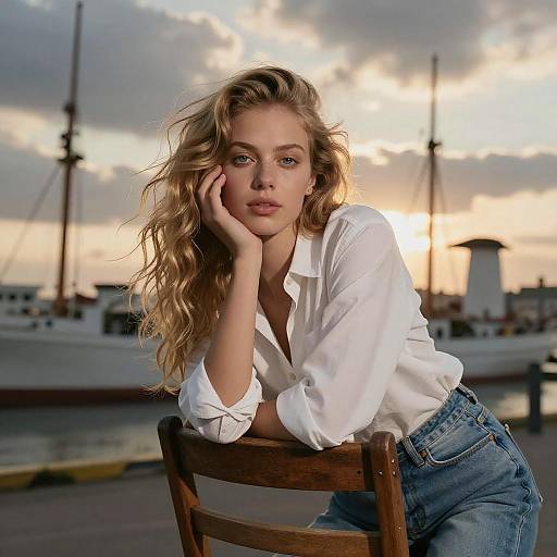 Serene Woman at Harbor Sunset