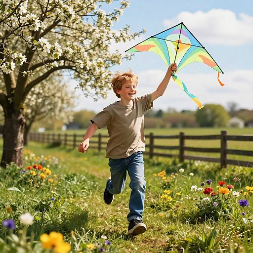 Joyful Boy Running with Kite Outdoors