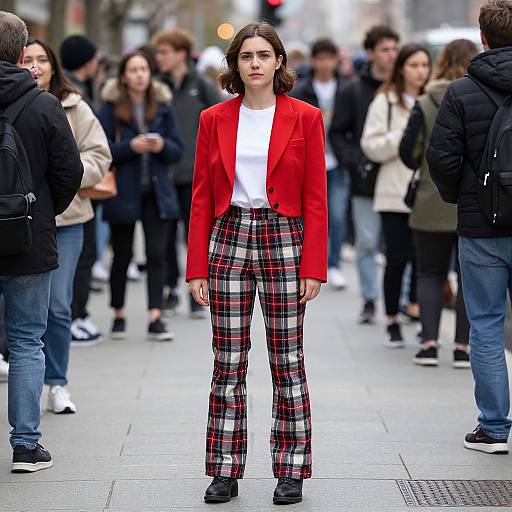 Photograph of a young woman with medium skin tone, brown wavy hair, wearing a bright red blazer, white top, and black-and-red