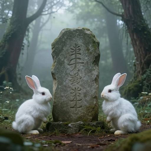 Photograph of two white rabbits sitting on either side of a moss-covered, ancient stone tomb with a leafy carved design in a misty forest.