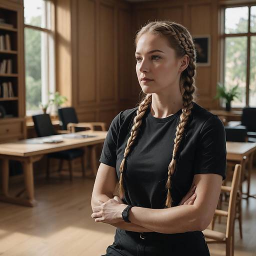 Young Woman with French Braids in Wooden Office