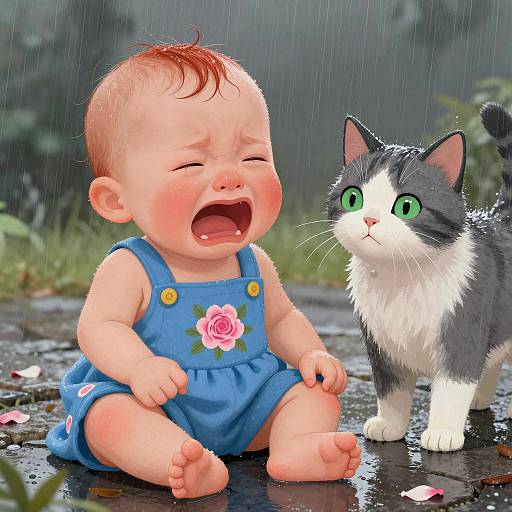 Crying Baby and Cat in the Rain