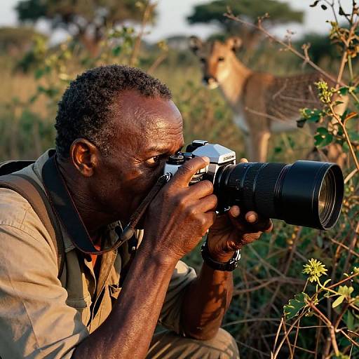 Photograph of a Black man with short curly hair, wearing a beige shirt, intensely photographing a gazelle with a telephoto lens in a sun