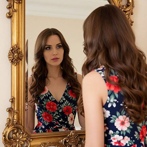 Photograph of a woman with long brown hair, wearing a floral navy dress with red and white flowers, standing in front of an ornate gold-fr