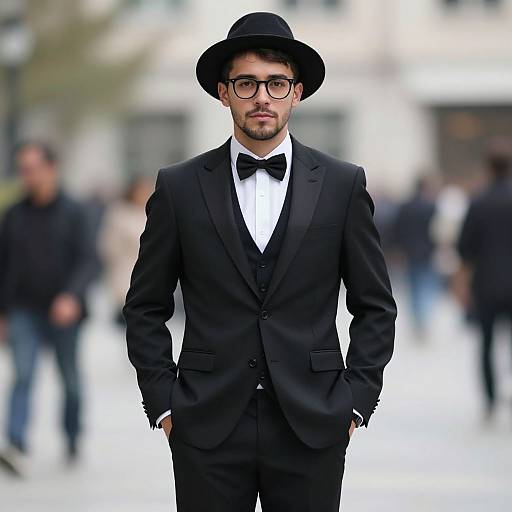 Photograph of a handsome man with light skin, black hat, glasses, black suit, white shirt, black bow tie, standing confidently in a blurred
