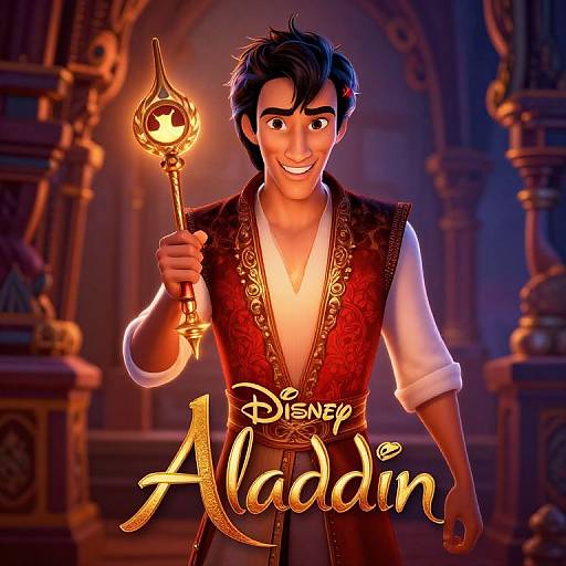 Digital illustration of a smiling Aladdin holding a glowing staff, wearing a red vest and white shirt, in a dimly lit, ornate palace.