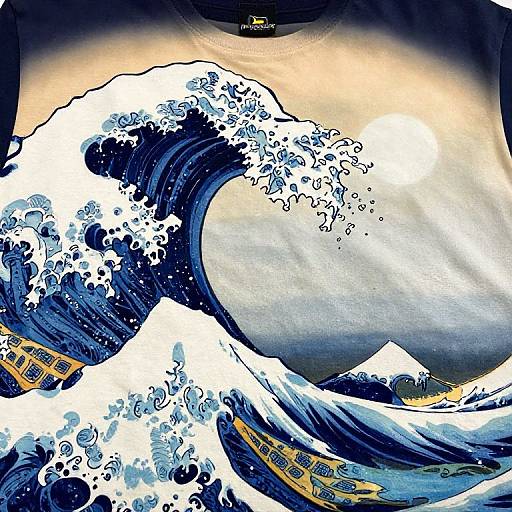 Digital illustration on a black T-shirt featuring Hokusai's 
