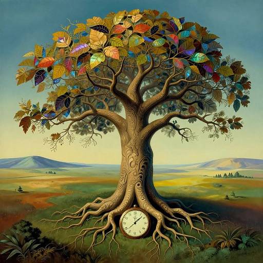 Digital artwork of a tree with multicolored, gem-like leaves and a clock embedded in its roots, set against a vibrant landscape.