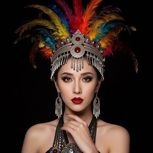 Photograph of a fair-skinned woman with red lipstick, wearing a vibrant, multicolored feathered headdress, silver headpiece, and dangling