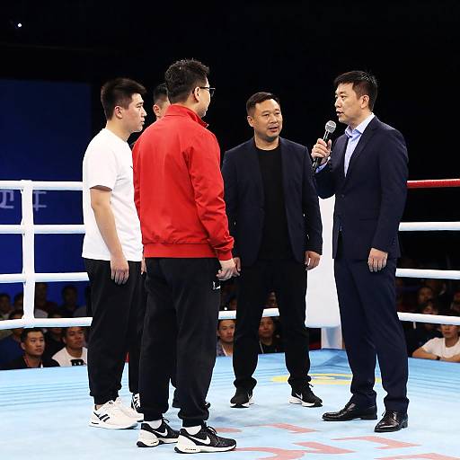 Man Speaking in Boxing Ring with Group